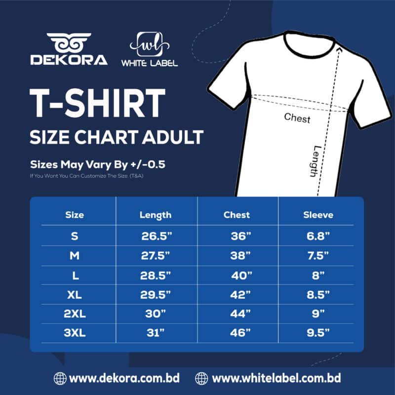 Corporate Round Neck T-shirt Size Chart; round neck size chart; official tshirt size measurement; t-shirt size measurement premium size chart design in bd; custom size chart in bd; best tshirt size measurement in bd; dekora corporate size chart; dekora;